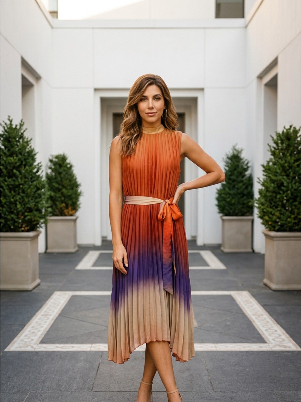 Tahari Sleeveless Ombre Pleated Midi Dress in Orange, Purple, and Beige